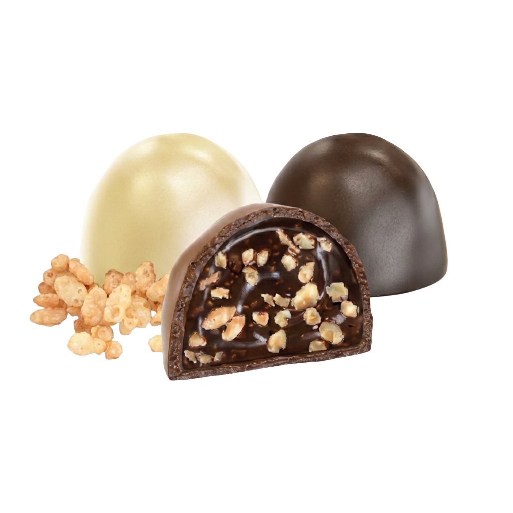 Crunchy chocolate pralines with caramelised nuts