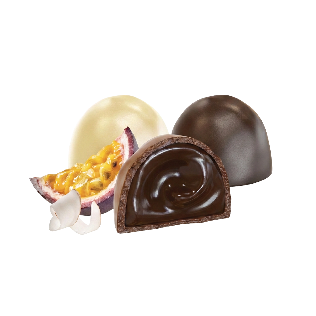 Tropical chocolate pralines with passion fruit